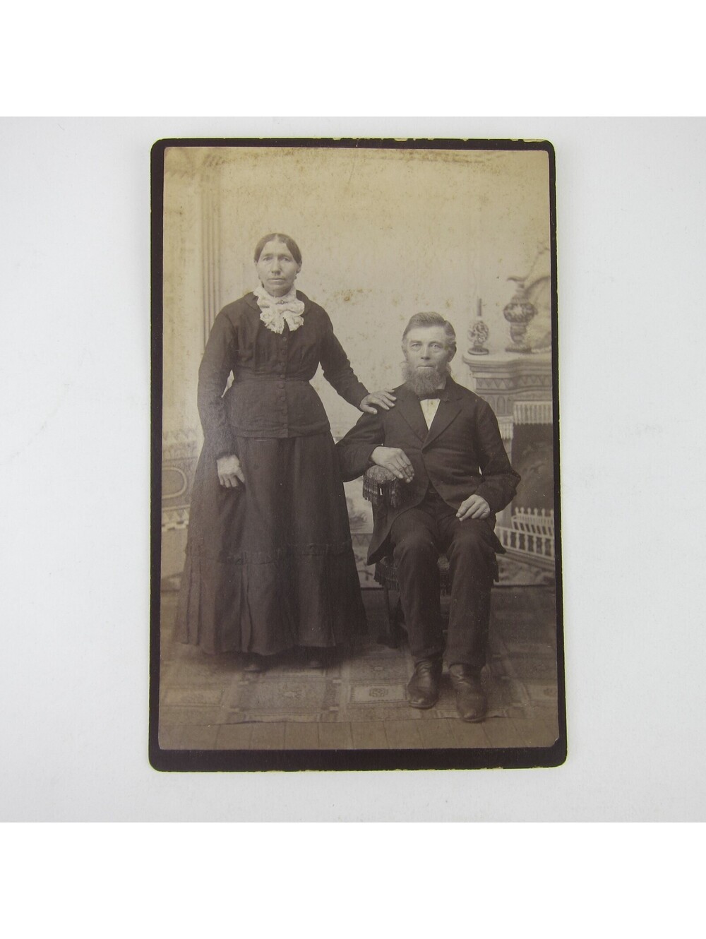 Cabinet Card Photograph Man Sits & Woman Stands Fireplace Behind Antique 1880s